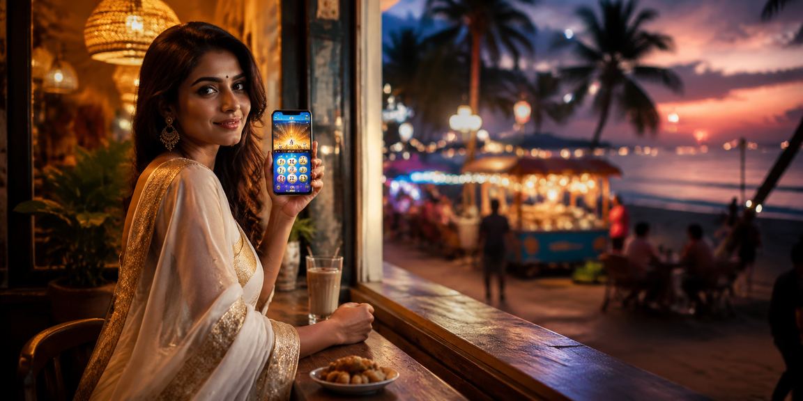 Relaxed player checking privacy policy on phone at Goa beach