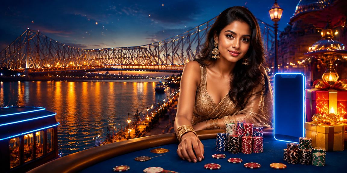 Mobile payment usage on bridge background in Kolkata, India